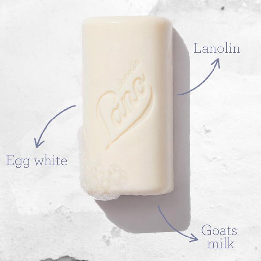 Lanolin + Egg White + Goats milk cleansing bar ingredients on white washed background