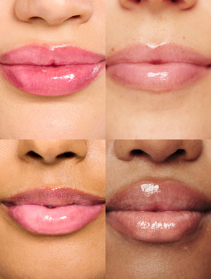 Lip swatches of the Lanolips Hyaluronic Lip Oil Raspberry applied on different skin tones