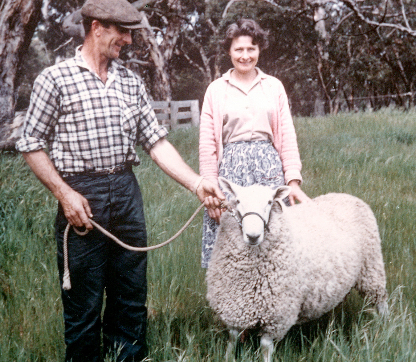 Photo of a man and woman in a grassy field with a sheep, representing Lanolips' Australian heritage and lanolin origins. Highlights the brand’s roots in ethical sheep farming and use of ultra-pure lanolin - a natural, safe skincare ingredient that mimics skin’s oils to heal and hydrate. It is so safe, doctors recommend lanolin to treat burns and mothers can use it with nursing infants.