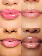 Load image into Gallery viewer, Lip swatches of the Lanolips Hyaluronic Lip Oil Raspberry applied on different skin tones

