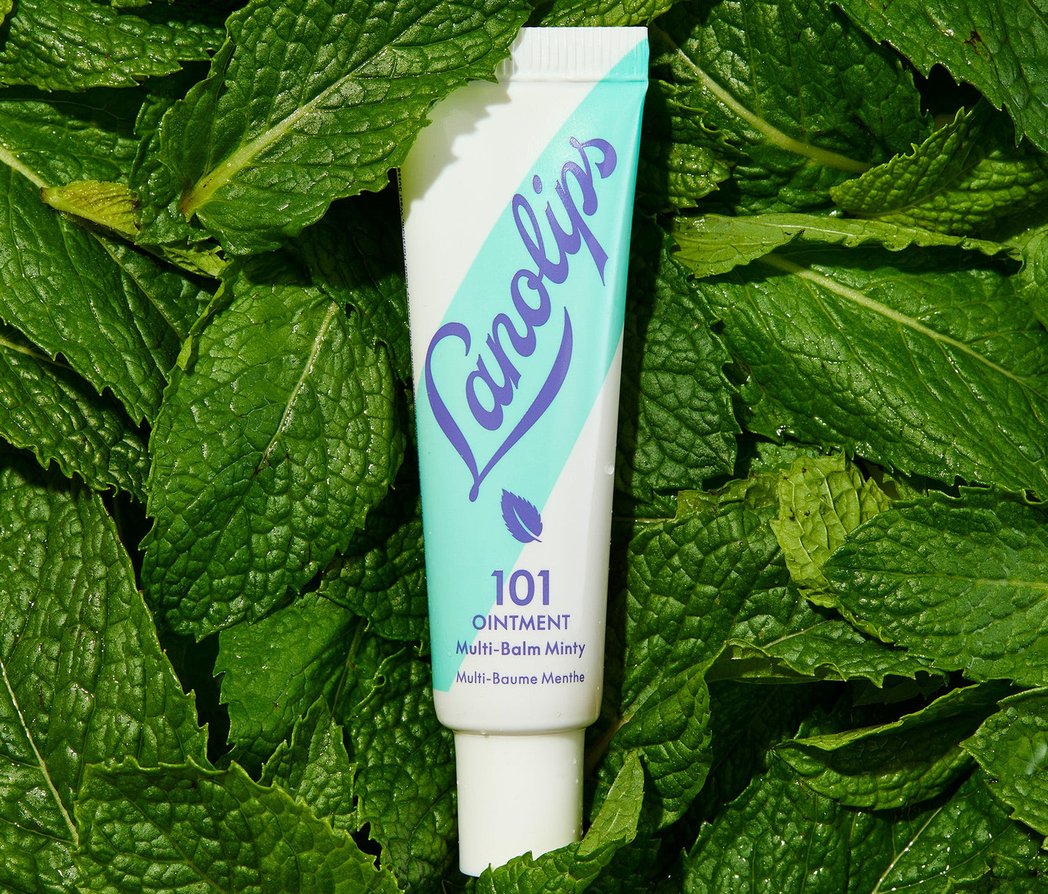 A tube of Lanolips 101 Ointment Multi-Balm in Minty placed on a bed of fresh mint leaves. The tube features a refreshing mint green and white colour gradient with bold blue Lanolips logo branding, and a small mint leaf icon. This hydrating lip balm contains Aussie lanolin, vitamin e and mint extracts to provide a cooling, refreshing sensation while locking in hydration.