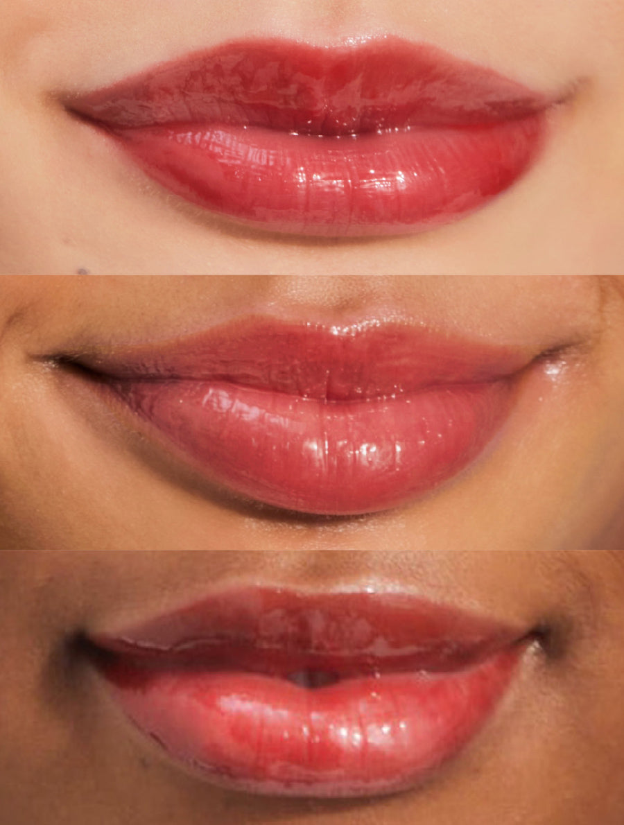 Close up shot of Lanolips Jellybalm Watermelon worn on different skin tones