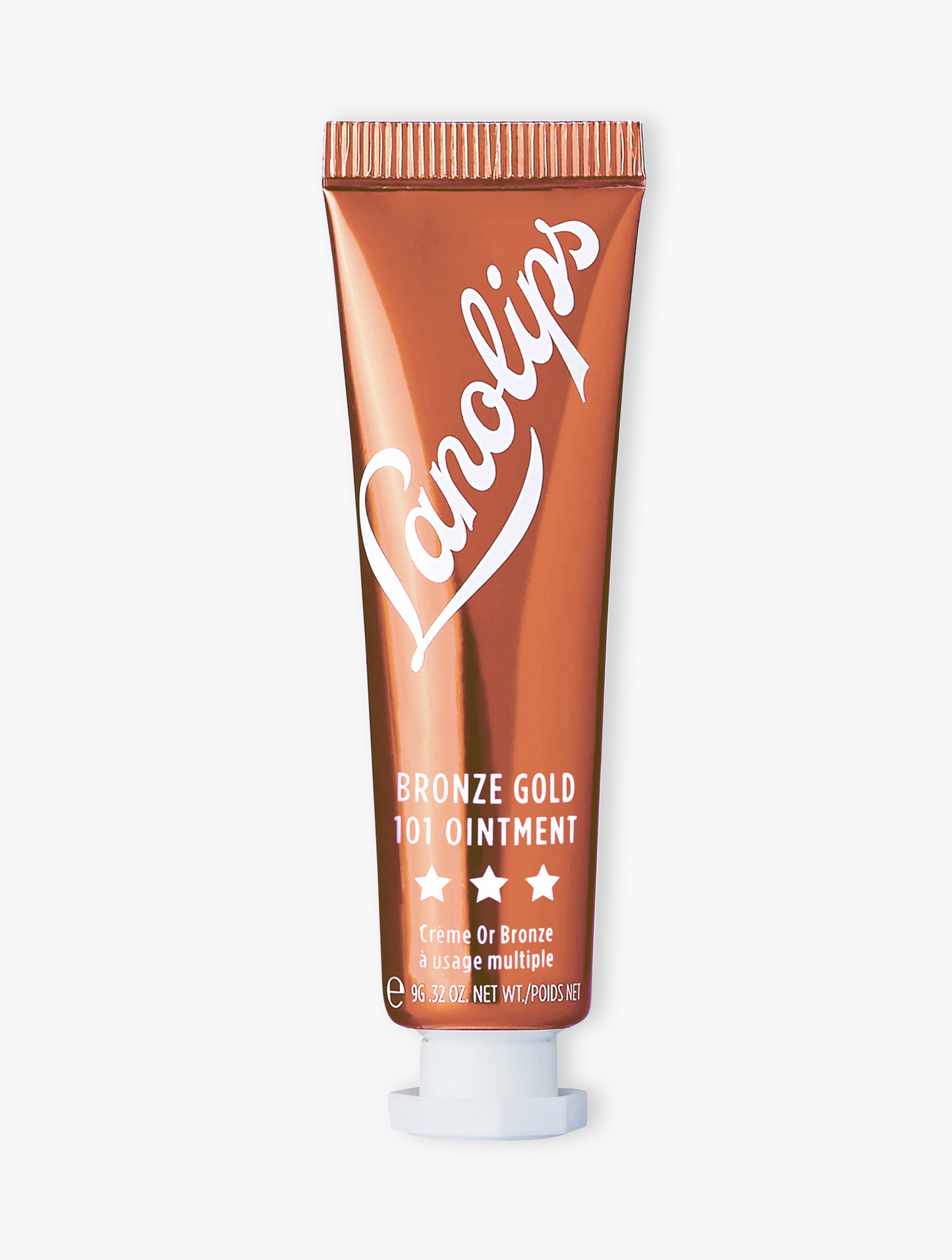 Product shot of the Lanolips Bronze Gold 101 Ointment, featuring the closed tube. Intense lanolin hydration meets a sun kissed glow.