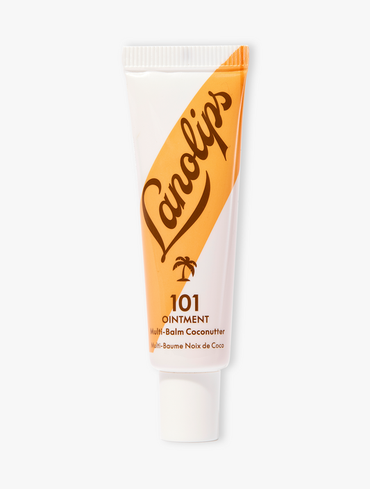 Product shot of the Lanolips 101 Ointment Multi-Balm Coconutter, featuring the closed tube. 101 Ointment Multi-Balm Coconutter is part of our 101 Flavoured lip balm range. The World's Best Lip Balm infused with coconut oil and vitamin E. This super-rich balm penetrates and seals in moisture to give long-lasting hydration for dry chapped lips, skin patches, cuticles, elbows & more.