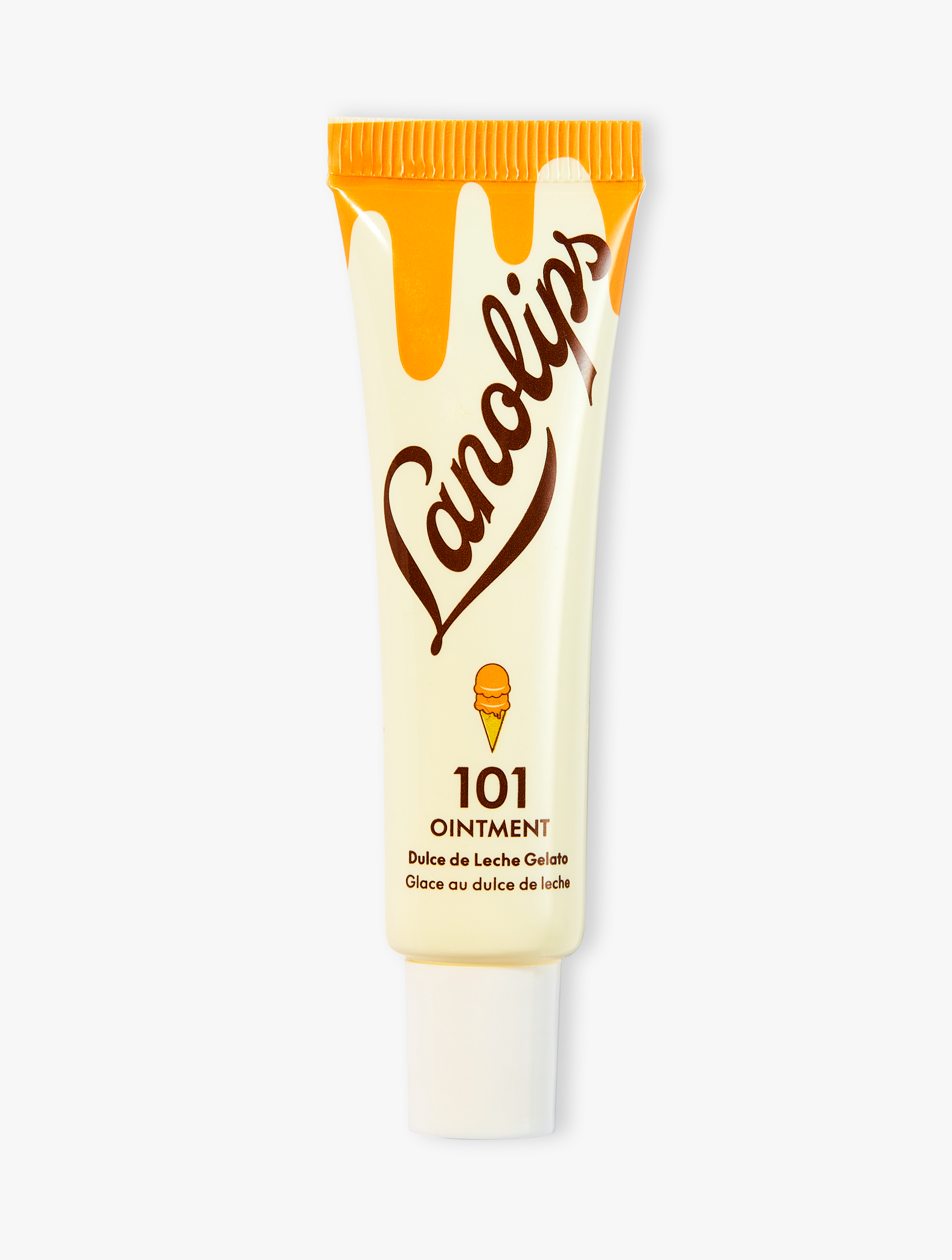 Product shot of the Lanolips 101 Ointment Multi-Balm Dulce De Leche Gelato, featuring the closed tube. 101 Ointment Multi-Balm Dulce De Leche Gelato is part  of our 101 Delicious lip balm flavours range. The World's Best Lip Balm infused with coconut oil, vitamin E & all-natural caramel flavour for a naturally sweet hydration boost throughout your day.