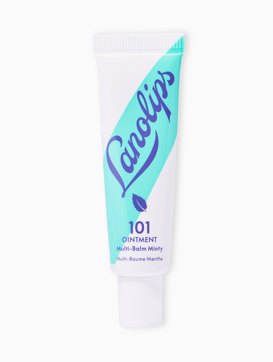 Product shot of the Lanolips 101 Ointment Multi-Balm Minty, featuring the closed tube. 101 Ointment Multi-Balm Minty is part of our 101 Flavoured lip balm range. The World's Best Lip Balm infused with with with with peppermint + spearmint oils & vitamin E. This super-rich balm penetrates and seals in moisture to give long-lasting hydration for dry chapped lips, skin patches, cuticles, elbows & more.