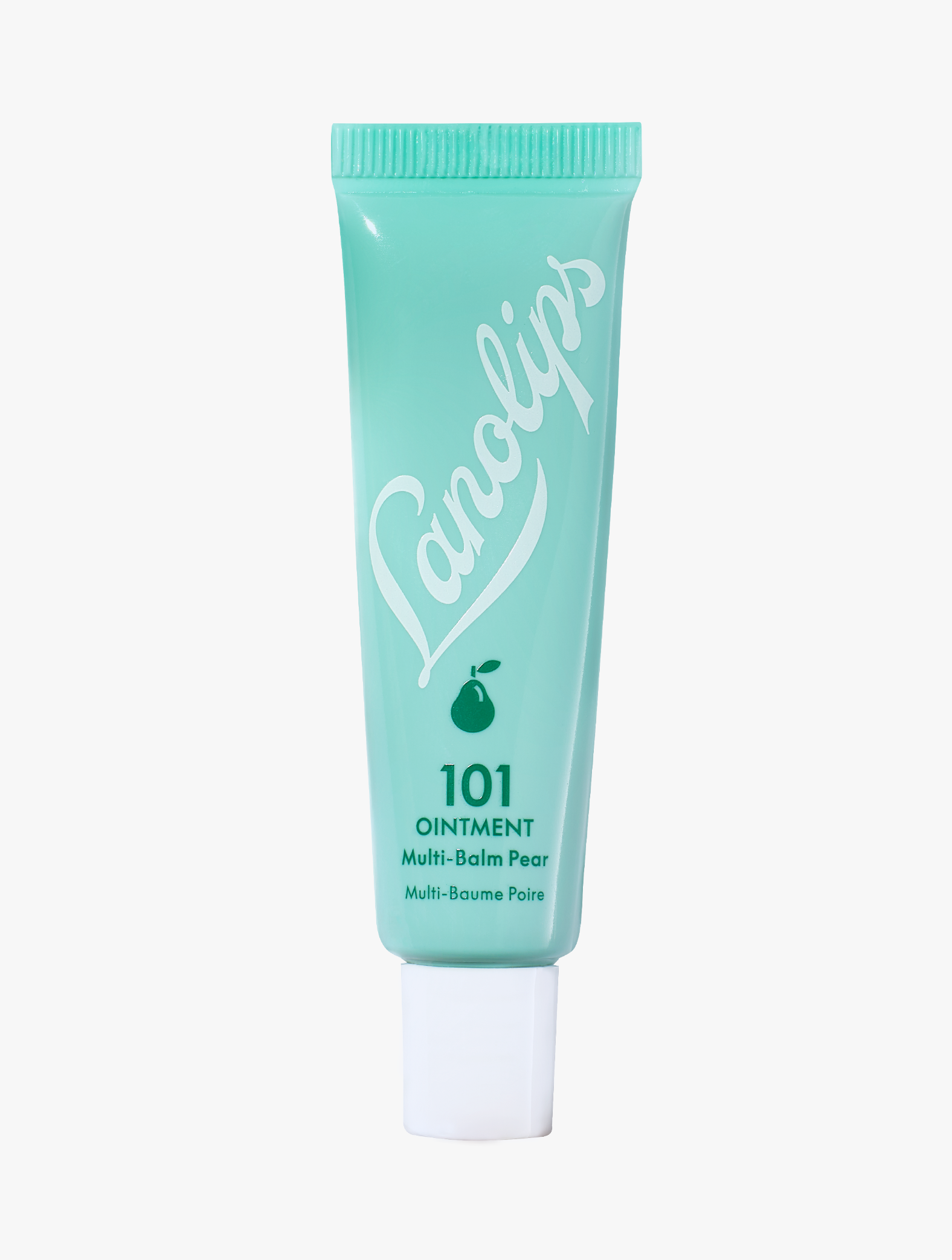 Product shot of the Lanolips 101 Ointment Multi-Balm Pear, featuring the closed tube. 101 Ointment Multi-Balm Pear is part of our 101 Flavoured lip balm range. The World's Best Lip Balm infused with with delicate pear-seed oil & vitamin E. This super-rich balm penetrates and seals in moisture to give long-lasting hydration for dry chapped lips, skin patches, cuticles, elbows & more.