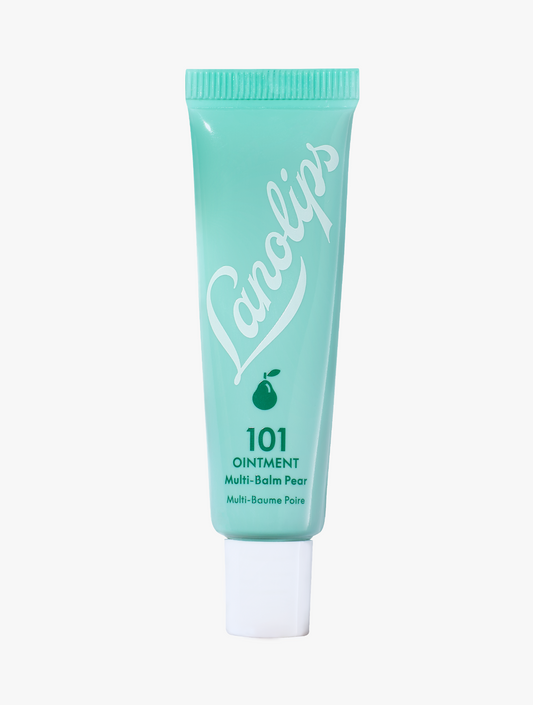 Product shot of the Lanolips 101 Ointment Multi-Balm Pear, featuring the closed tube. 101 Ointment Multi-Balm Pear is part of our 101 Flavoured lip balm range. The World's Best Lip Balm infused with with delicate pear-seed oil & vitamin E. This super-rich balm penetrates and seals in moisture to give long-lasting hydration for dry chapped lips, skin patches, cuticles, elbows & more.