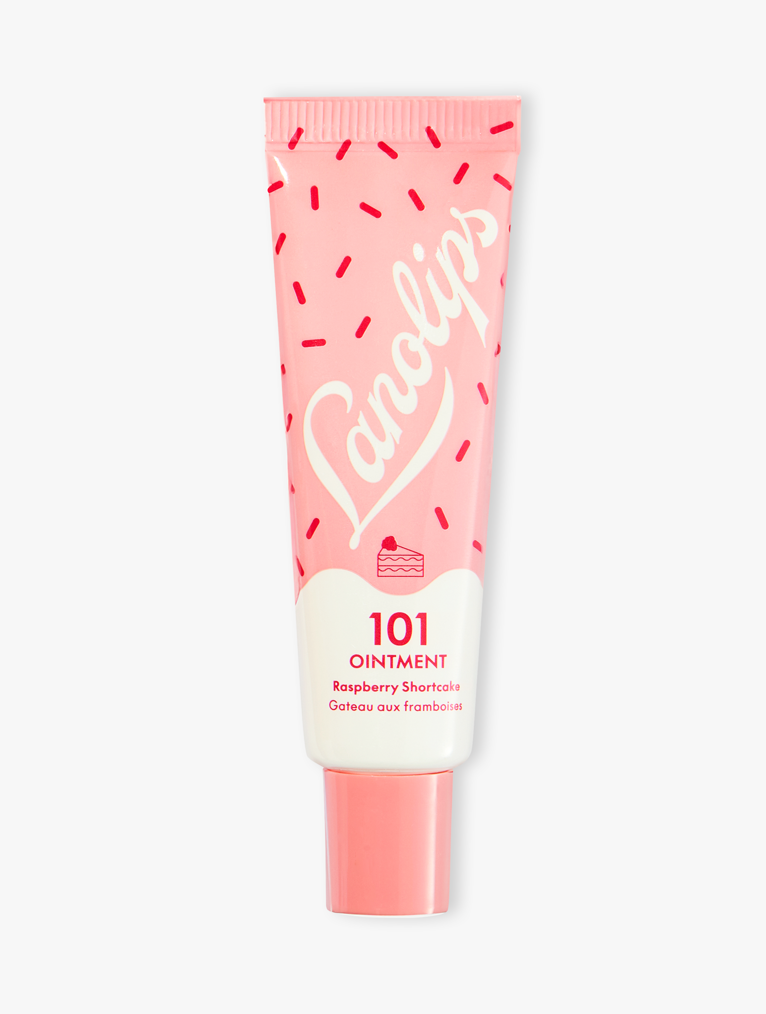 Product shot of the Lanolips 101 Ointment Multi-Balm Raspberry Shortcake, featuring the closed tube. 101 Ointment Multi-Balm Raspberry Shortcake is part of our 101 Delicious lip balm flavours range. Our iconic Lanolips Original 101 Ointment has been sugar-coated, creating a hydrating sweet treat for your lips.