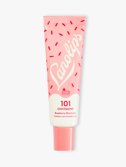 Product shot of the Lanolips 101 Ointment Multi-Balm Raspberry Shortcake, featuring the closed tube. 101 Ointment Multi-Balm Raspberry Shortcake is part of our 101 Delicious lip balm flavours range. Our iconic Lanolips Original 101 Ointment has been sugar-coated, creating a hydrating sweet treat for your lips.