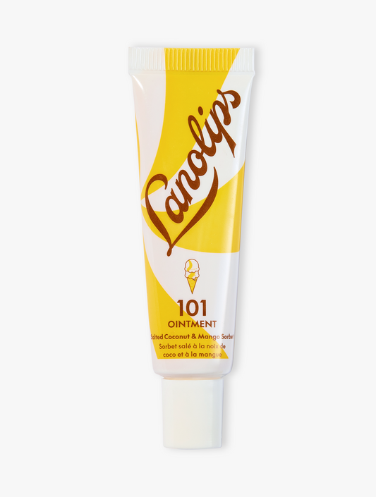 Product shot of the Lanolips 101 Ointment Multi-Balm Salted Coconut & Mango Sorbet, featuring the closed tube. 101 Ointment Multi-Balm Salted Coconut & Mango Sorbet is part of our 101 Delicious lip balm flavours range. The World's Best Lip Balm Infused with natural coconut oil, mango fruit extract & vitamin E.
