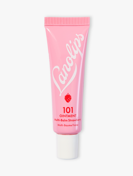 Product shot of the Lanolips 101 Ointment Multi-Balm Strawberry, featuring the closed tube. 101 Ointment Multi-Balm Strawberry is part of our 101 Flavoured lip balm range. The World's Best Lip Balm infused with natural Strawberry fruit extracts & vitamin E. This super-rich balm penetrates and seals in moisture to give long-lasting hydration for dry chapped lips, skin patches, cuticles, elbows & more.