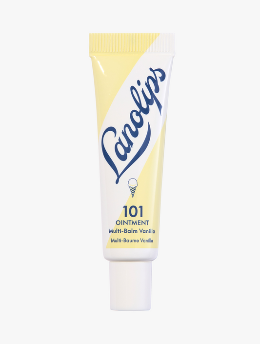 Product shot of the Lanolips 101 Ointment Multi-Balm Vanilla, featuring the closed tube. 101 Ointment Multi-Balm Vanilla is part of our 101 Flavoured lip balm range. Our 101 Ointment Multi Balm Vanilla is a sweet, creamy, classic drip vanilla bean flavour that transports you back to a hot Summer's Day with an ice-cream cone in hand.