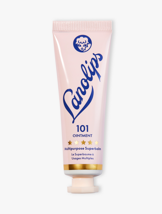 Product shot of the Lanolips 101 Ointment Multipurpose Superbalm 15g, featuring the closed tube. 101 Ointment contains ultra-pure grade lanolin, this super-dense balm penetrates & help seal in moisture. It gives the most intense hydration for dry & chapped lips, skin patches, cuticles, elbows & more.