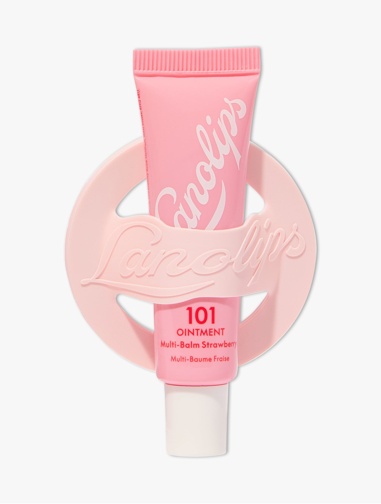 Product shot of the Lanolips Phone Lip Balm Holder & Lanolips 101 Ointment multi balm Strawberry Tube.