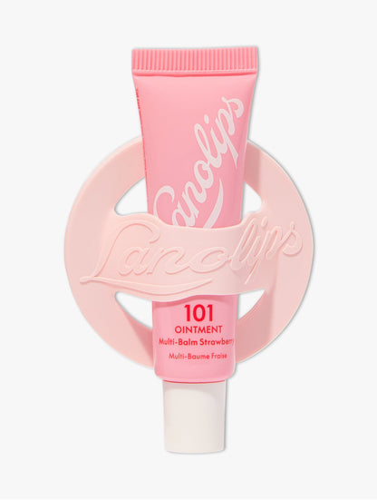 Product shot of the Lanolips Phone Lip Balm Holder & Lanolips 101 Ointment multi balm Strawberry Tube.