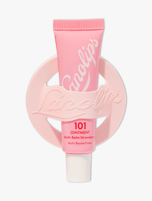Product shot of the Lanolips Phone Lip Balm Holder & Lanolips 101 Ointment multi balm Strawberry Tube.