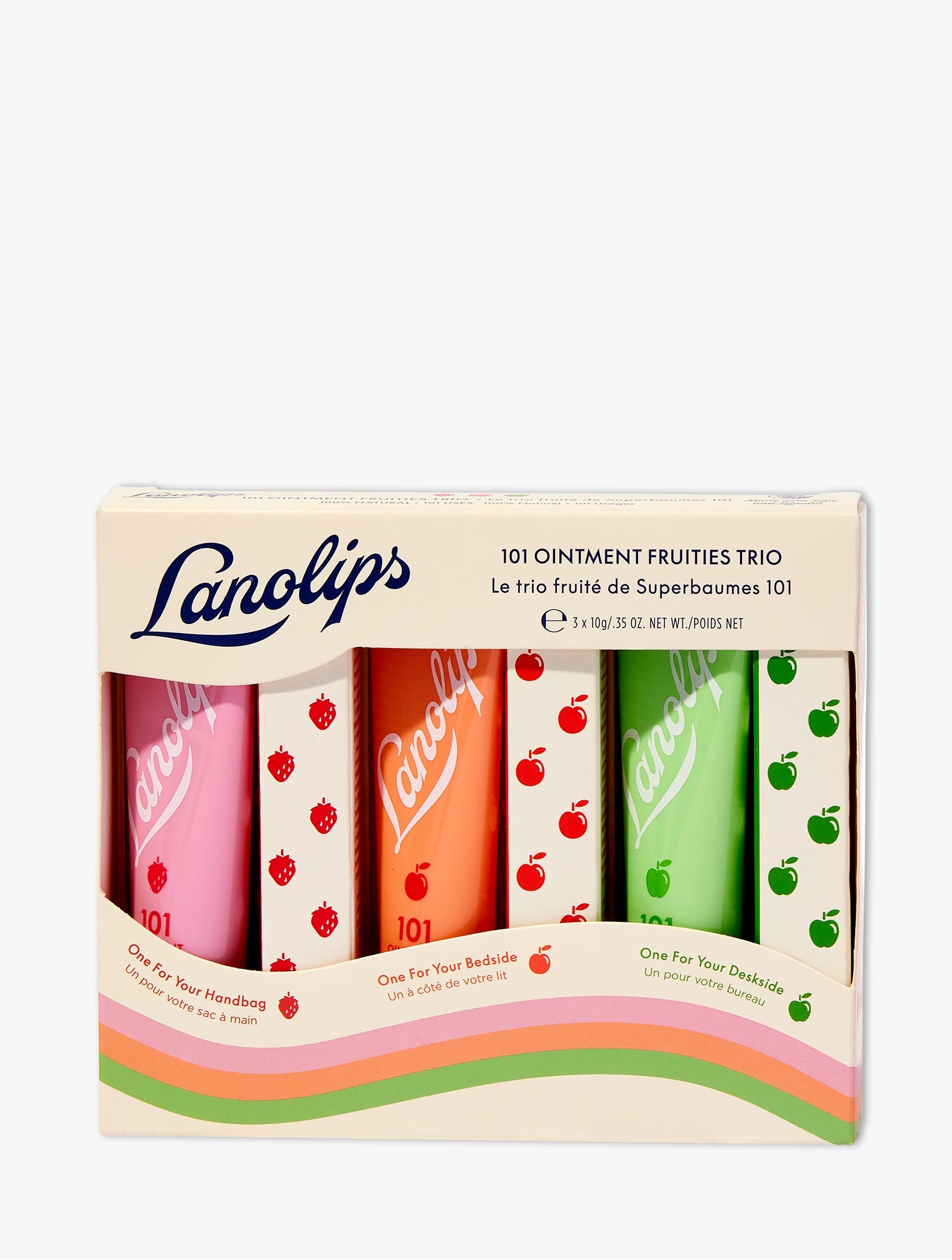 Product Shot of the Lanolips Fruities Trio Set, featuring the 101 Ointment Strawberry Tube, 101 Ointment Peach Tube and 101 Ointment Green Apple Tube.