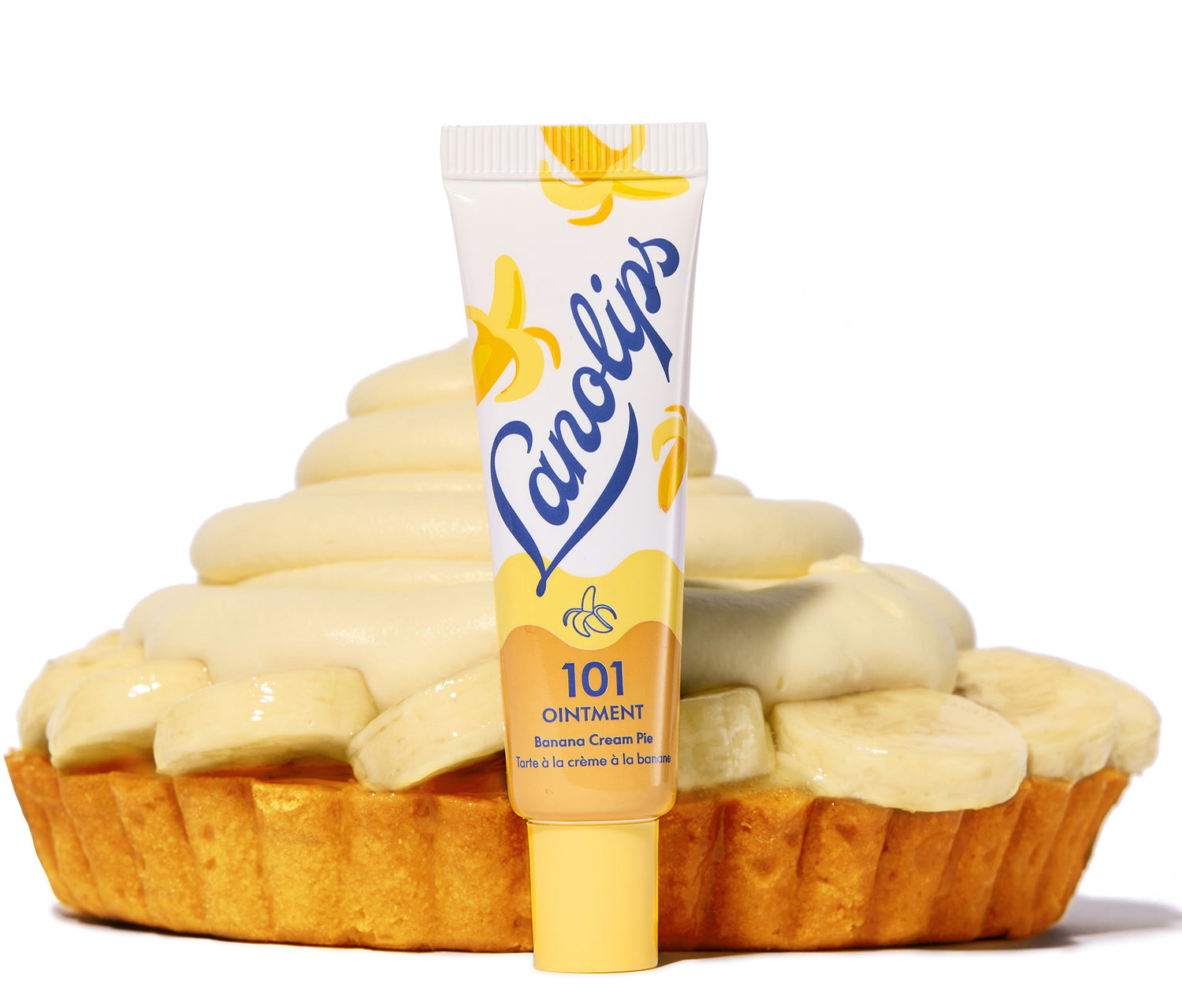 Close up of lanolips 101 ointment multi balm banana cream pie tube.