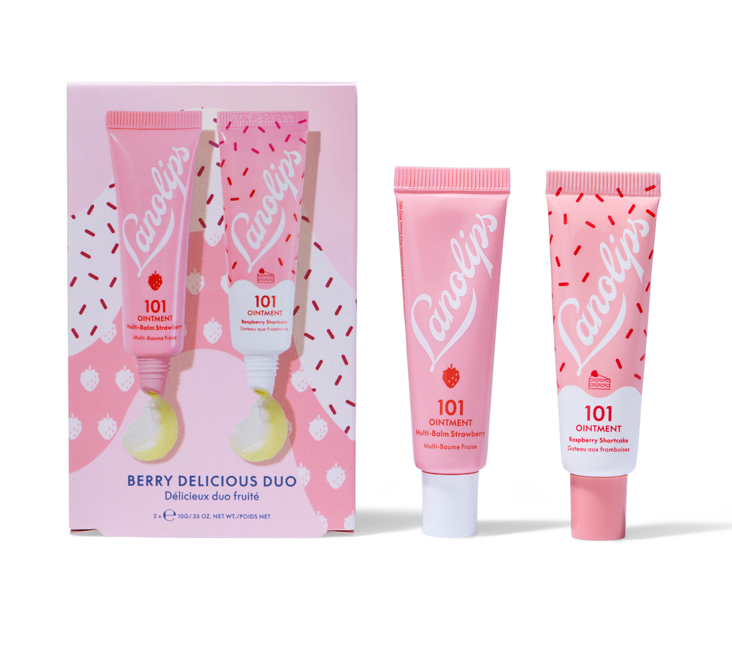 Product shot of the Lanolips Berry Delicious Duo, with a tube of 101 Ointment Multi-Balm Strawberry and Raspberry Shortcake on the side of the box. The duo is part of the holiday gift set range, berry infused bliss with every application. 