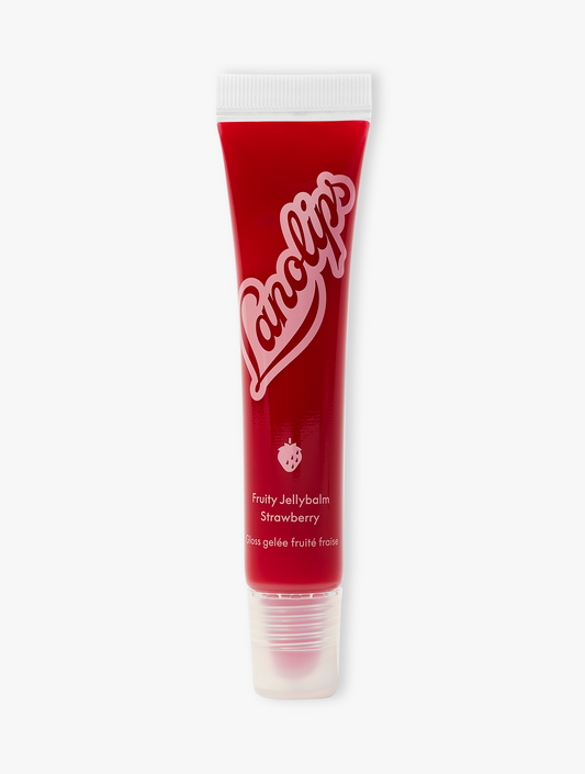 Product shot of the Lanolips Lip Water Strawberry, featuring the closed tube. This naturally fruity, tinted balm gives an ultra-soft transparent-red tint to deepen, brighten and enhance your natural lip colour.