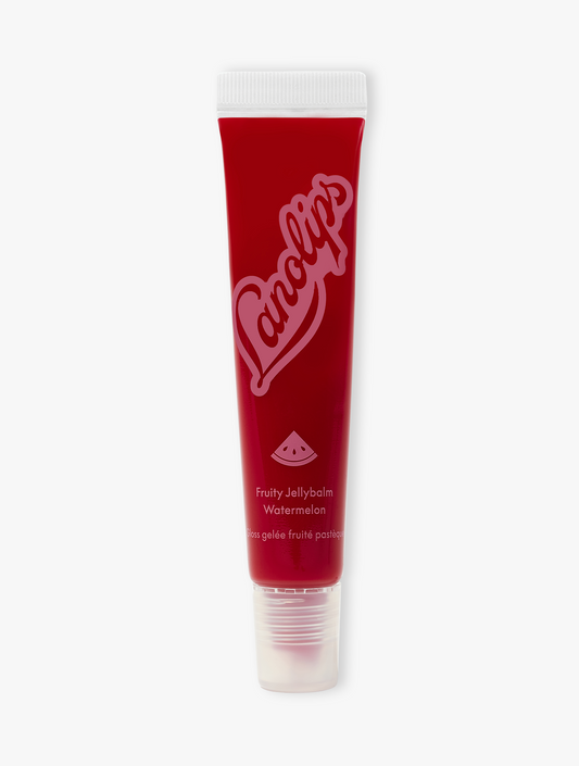 Product shot of the Lanolips Lip Water Watermelon, featuring the closed tube. This naturally fruity, tinted balm gives an ultra-soft transparent-watermelon tint to deepen, brighten and enhance your natural lip colour.