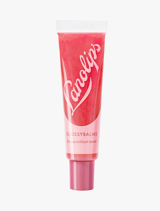 Product shot of the Lanolips Glossybalms Candy, featuring the closed tube. The Glossybalms lip balm contains lanolin and vitamin E for deep hydration, nourishment, and a glossy finish.