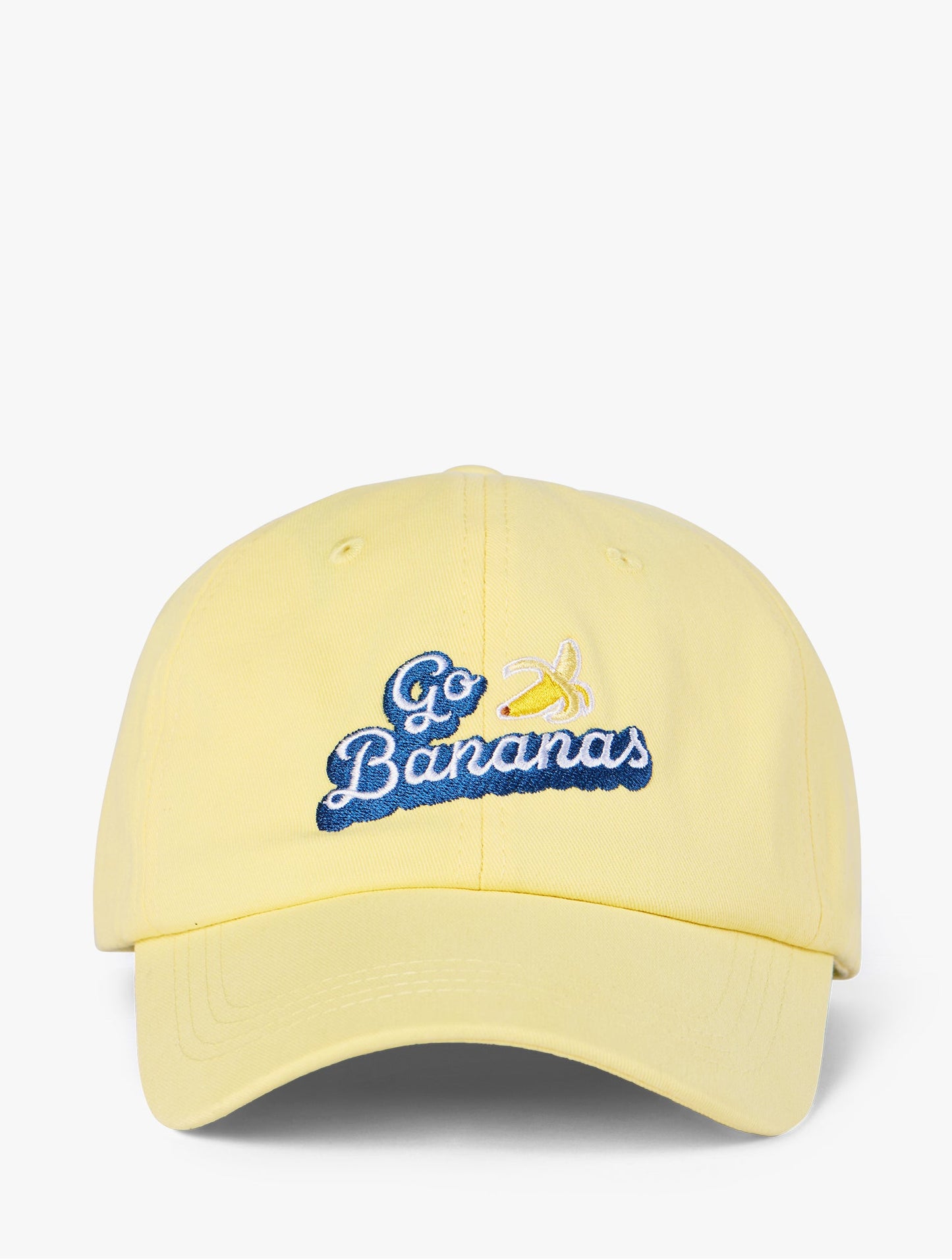 Lanolips Go Bananas Yellow Cap front view. Made with 100% cotton, and the Go Bananas embroidered slogan at the front.