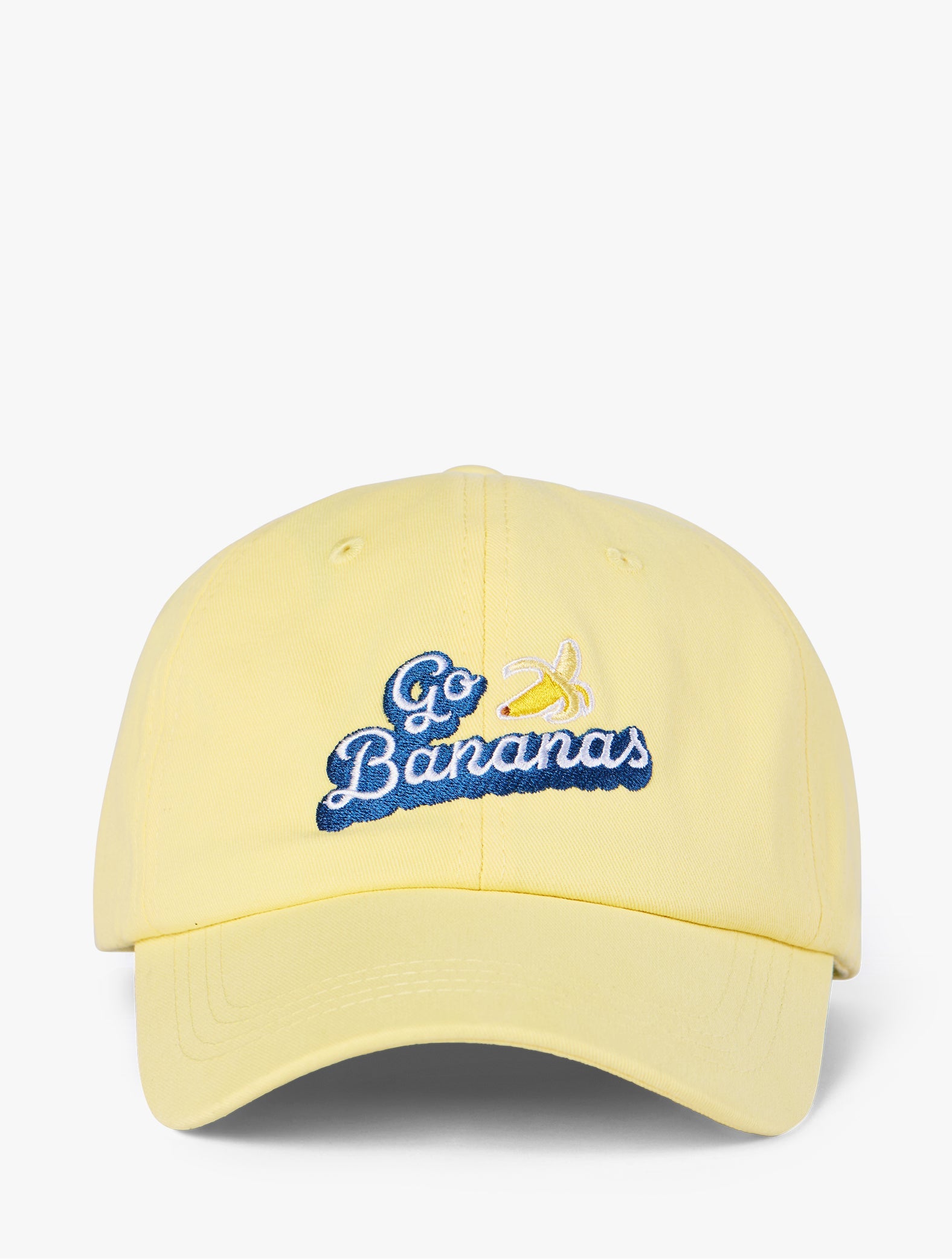 Lanolips Go Bananas Yellow Cap front view. Made with 100% cotton, and the Go Bananas embroidered slogan at the front.