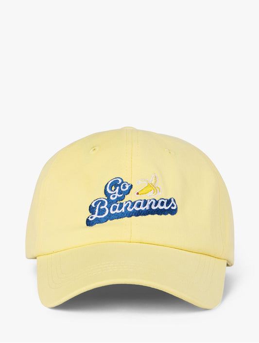 Lanolips Go Bananas Yellow Cap front view. Made with 100% cotton, and the Go Bananas embroidered slogan at the front.