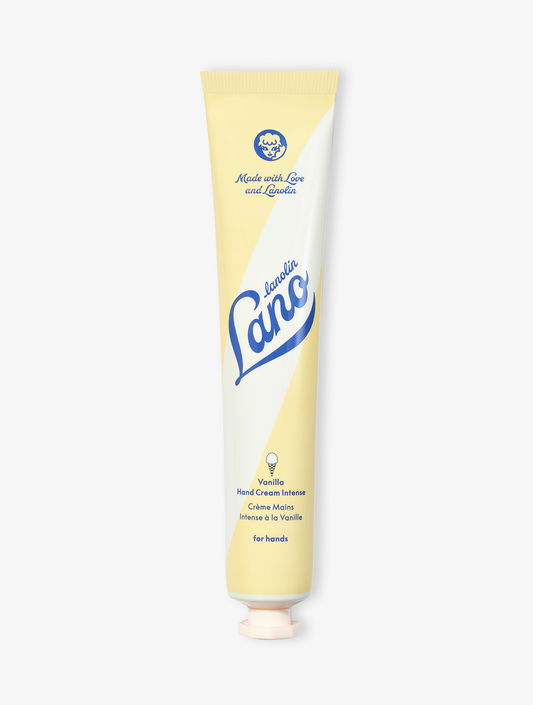 Product Shot Of Lanolips Vanilla Hand Cream Intense Closed Tube. Vanilla Hand Cream Intense with triple lanolin and infused with rich natural Vanilla. This sweet and creamy classic will have you reminiscent of afternoons with an ice-cream cone in hand. It transforms very dry hands & nails to super soft, hydrated hands & nails.