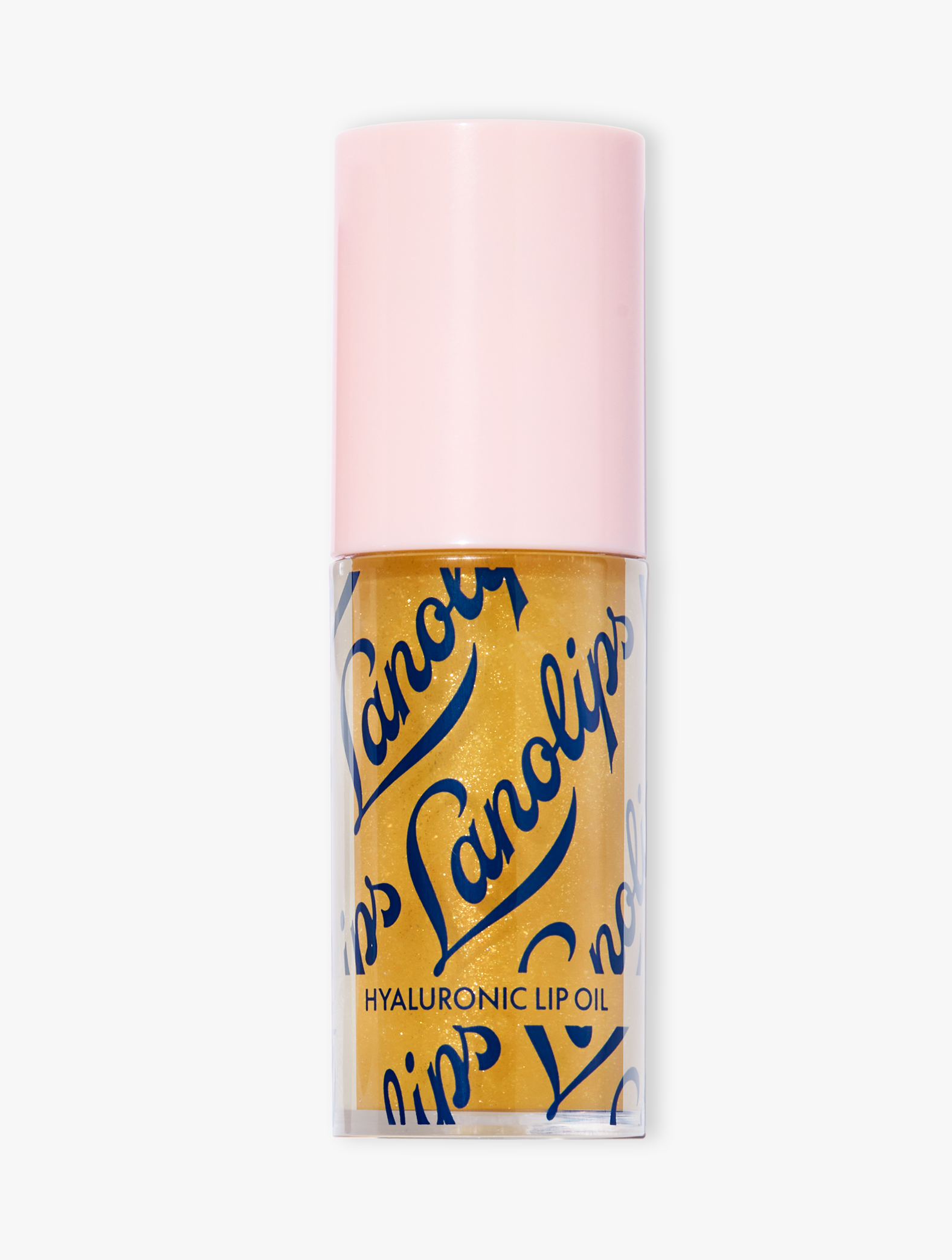 Product shot of the Lanolips Hyaluronic Lip Oil in Honey, featuring the closed bottle. The lip oil contains lanolin, hyaluronic acid, and vitamin E for deep hydration, nourishment, and a glossy finish.