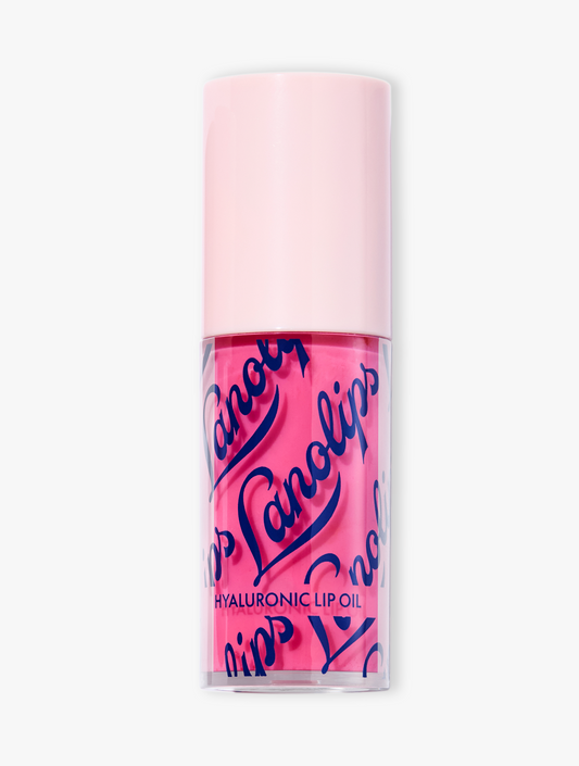 Product shot of the Lanolips Hyaluronic Lip Oil in Raspberry, featuring the closed bottle. The lip oil contains lanolin, hyaluronic acid, and vitamin E for deep hydration, nourishment, and a glossy finish.