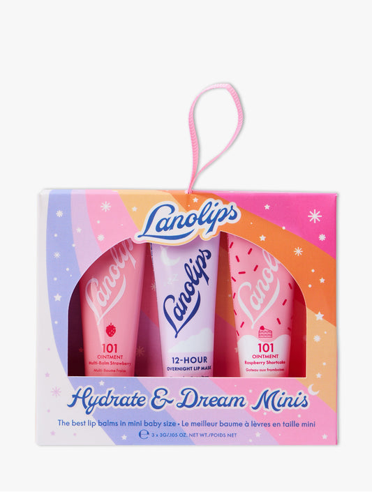 Product shot of Hydrate + Dreams Minis set containing 101 Ointment Strawberry, 12 Hour Overnight Lip Mask & 101 Ointment Raspberry Shortcake in a cute mini size.