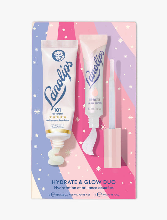 Product shot of the Lanolips Hydrate & Glow Duo Set, featuring the Lanolips 101 Ointment Tube and Lanolips Lip Water Tube.