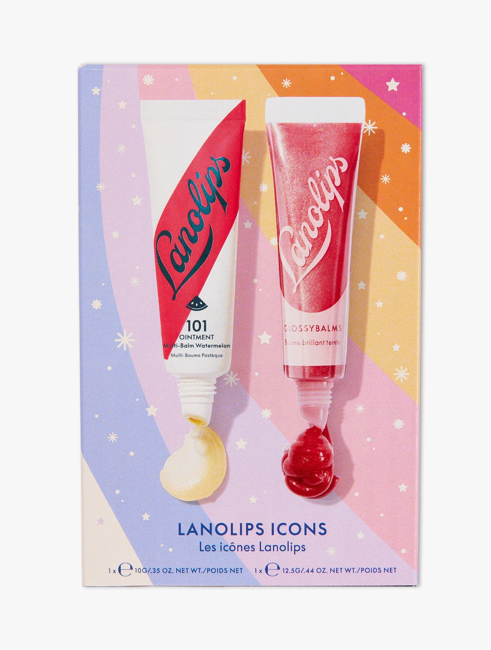 Product Shot of the Lanolips Icons Duo Set containing the 101 Ointment Watermelon Tube and Glossybalms Candy Tube.