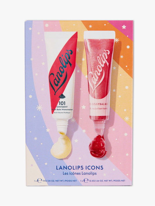 Product Shot of the Lanolips Icons Duo Set containing the 101 Ointment Watermelon Tube and Glossybalms Candy Tube.