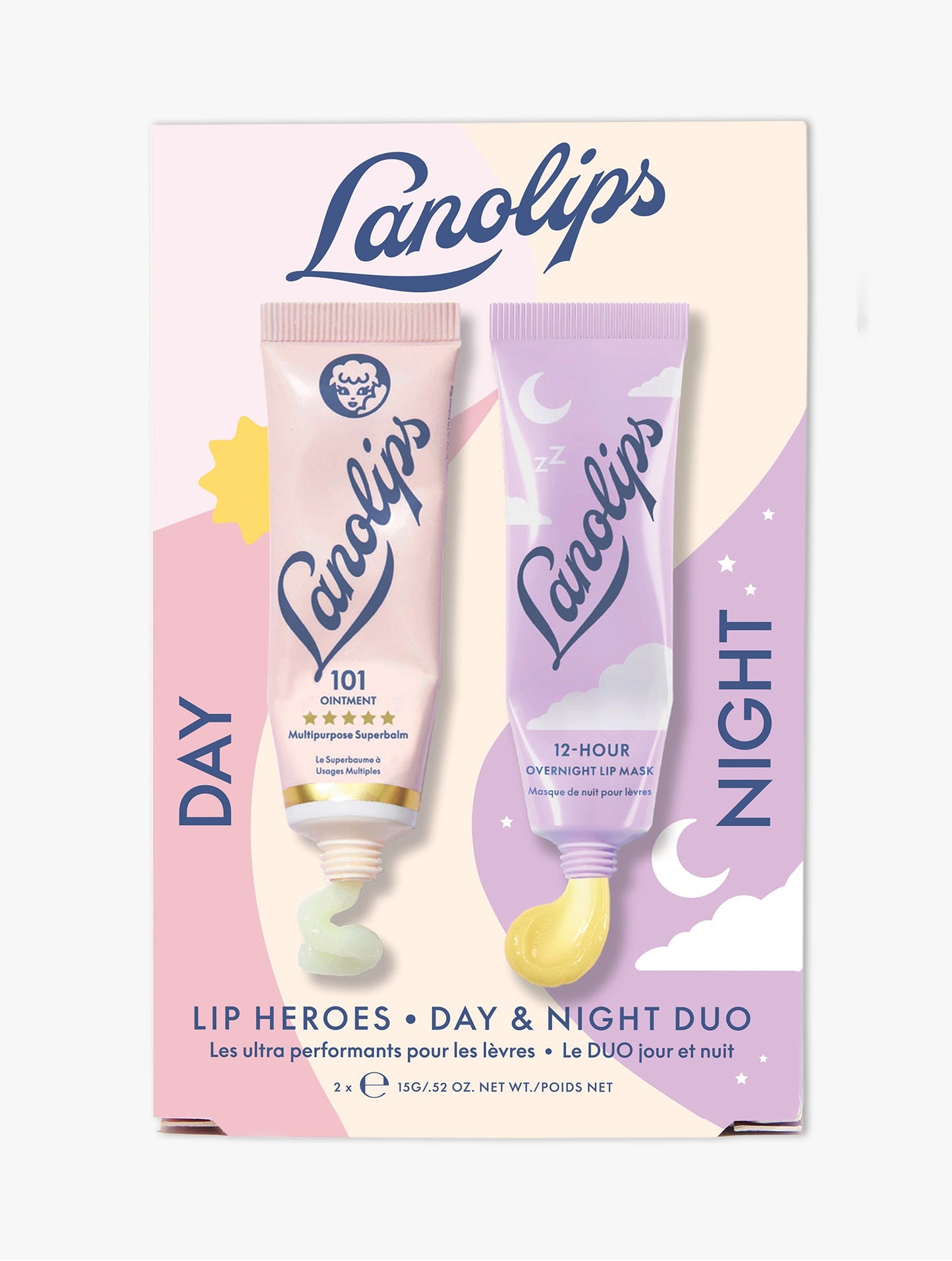 Product shot of the Lanolips Lip Heroes Day & Night Duo Set, featuring the Lanolips 101 Ointment Tube and Lanolips 12 Hour Overnight Lip Mask Tube.