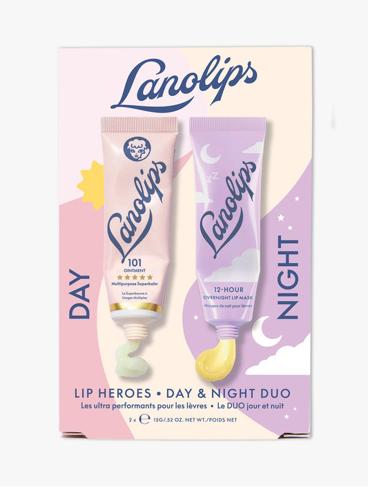 Product shot of the Lanolips Lip Heroes Day & Night Duo Set, featuring the Lanolips 101 Ointment Tube and Lanolips 12 Hour Overnight Lip Mask Tube.