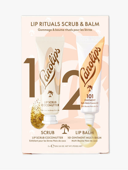 Product shot of the Lanolips Lip Rituals Scrub & Balm Duo Set, featuring the Lanolips 101 Ointment Coconutter Tube and Lanolips Lip Scrub Coconutter Tube.