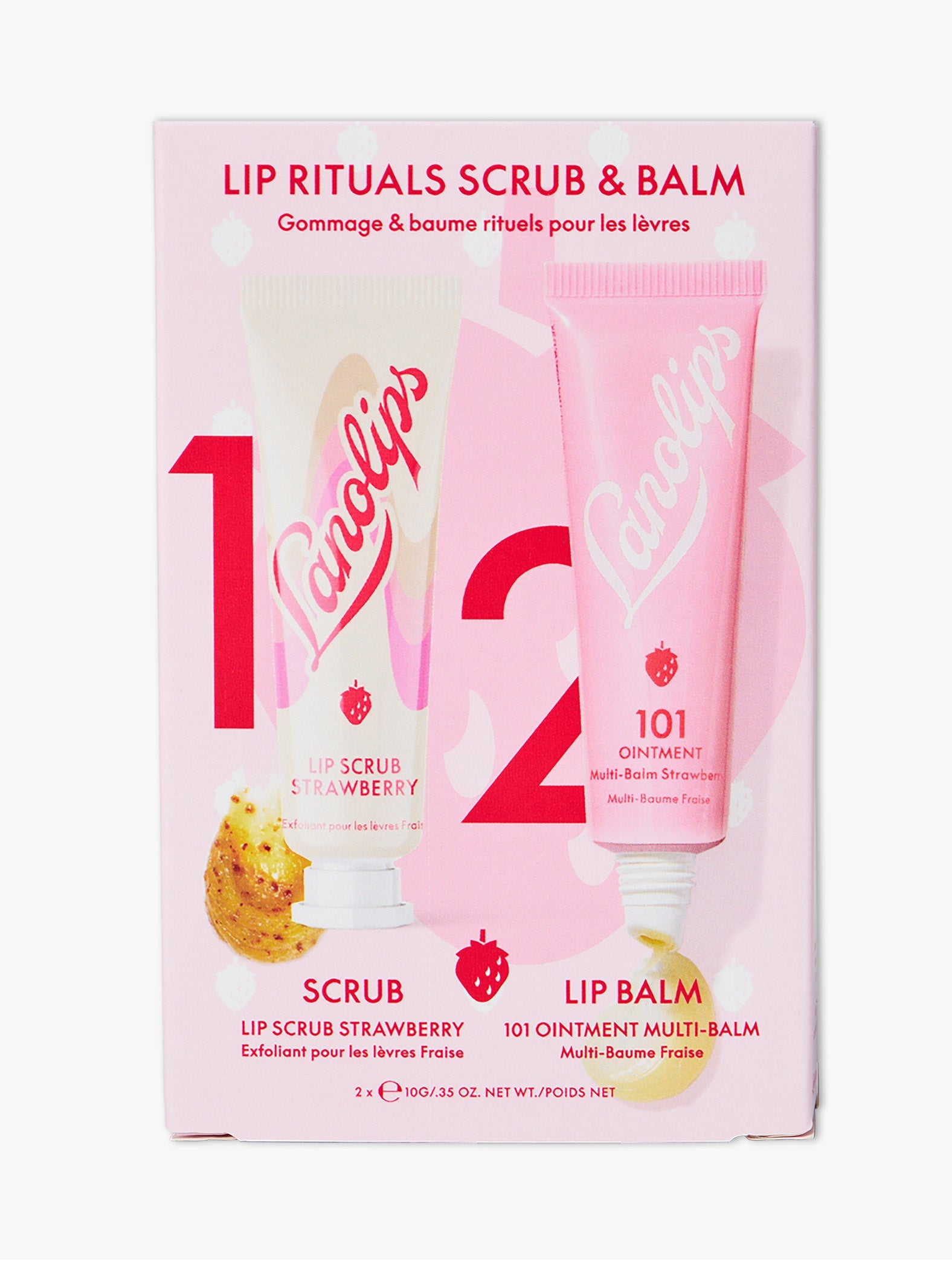 Product shot of the Lanolips Lip Rituals Scrub & Balm Duo Set, featuring the Lanolips 101 Ointment Strawberry Tube and Lanolips Lip Scrub Strawberry Tube.