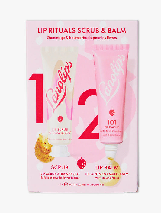 Product shot of the Lanolips Lip Rituals Scrub & Balm Duo Set, featuring the Lanolips 101 Ointment Strawberry Tube and Lanolips Lip Scrub Strawberry Tube.