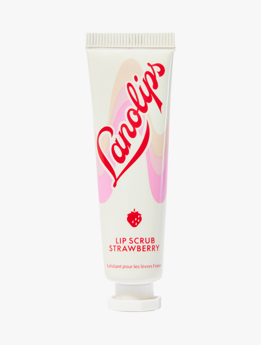 Product shot of Lanolips Lip Scrub Strawberry. A 100% natural balm based scrub that smooth and hydrates.