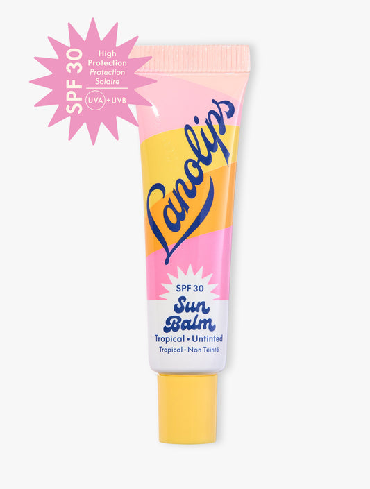 Product shot of Lanolips Sun Balm SPF 30 Tropical lip balm. Made with hydrating lanolin, shea butter, vitamin e and SPF 30 for all-year-round sun protection.