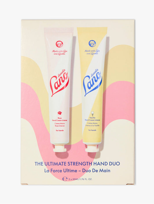 Product Shot of the Lanolips The Ultimate Strength Hand Duo, featuring the Rose Hand Cream Intense Tube and Vanilla Hand Cream Intense Tube.