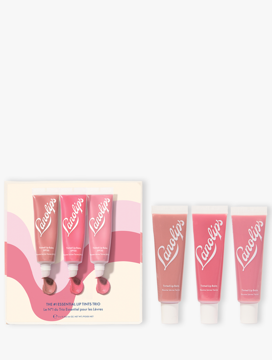 Lanolips tinted lip balm trio set containing our best selling tinted lip balm shades in perfectly nude, rhubarb and rose.