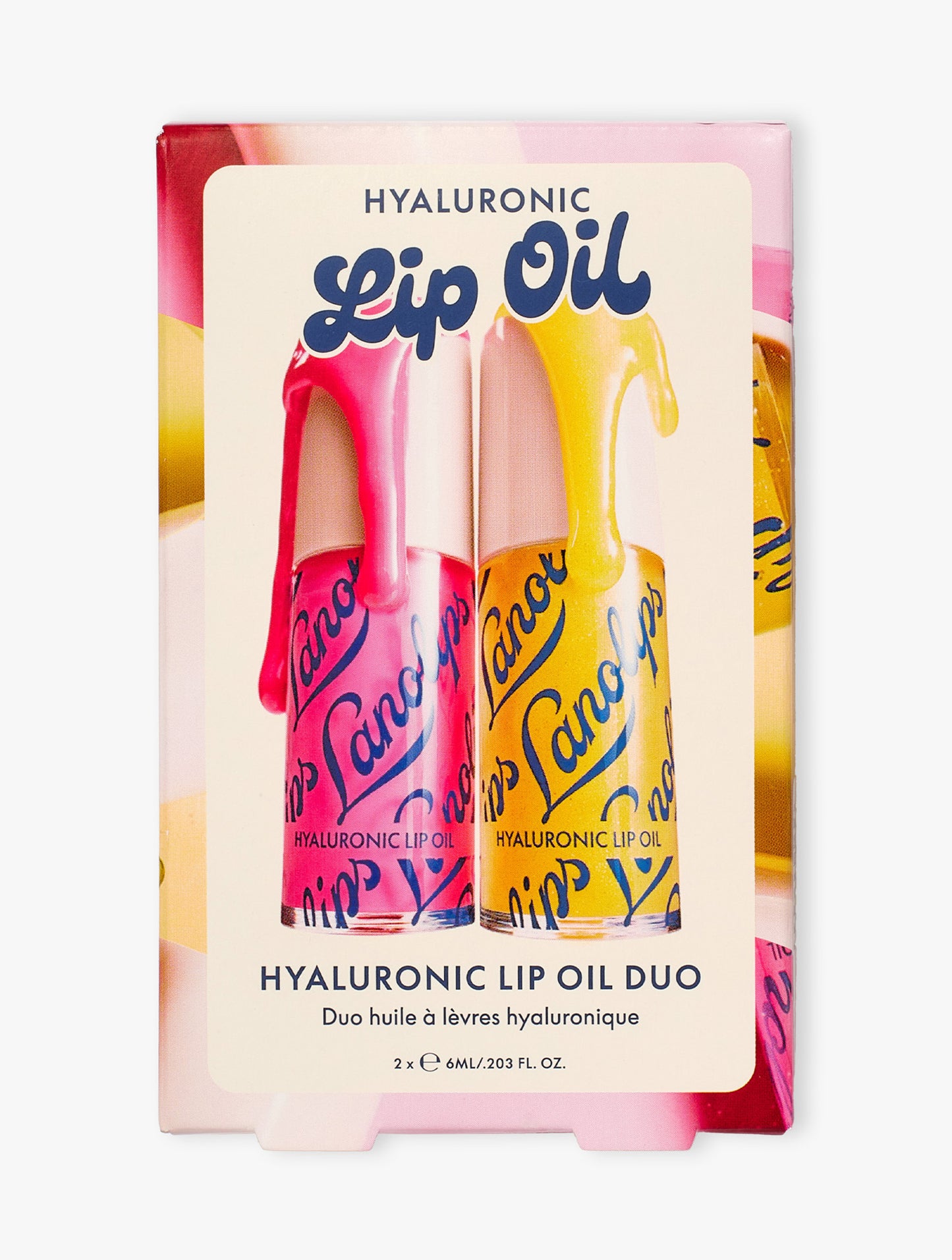 Product shot of the Lanolips Hyaluronic Lip Oil Duo in a white background. The iconic duo contains two juicy shades: raspberry and honey. 
