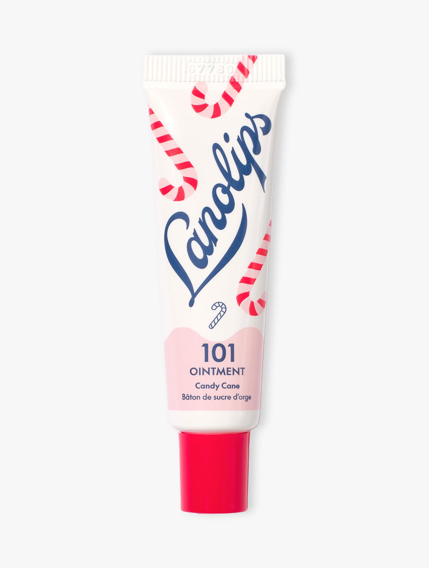 A tube of Lanolips 101 Ointment Multi-Balm Candy Cane lip balm tube on a white background.